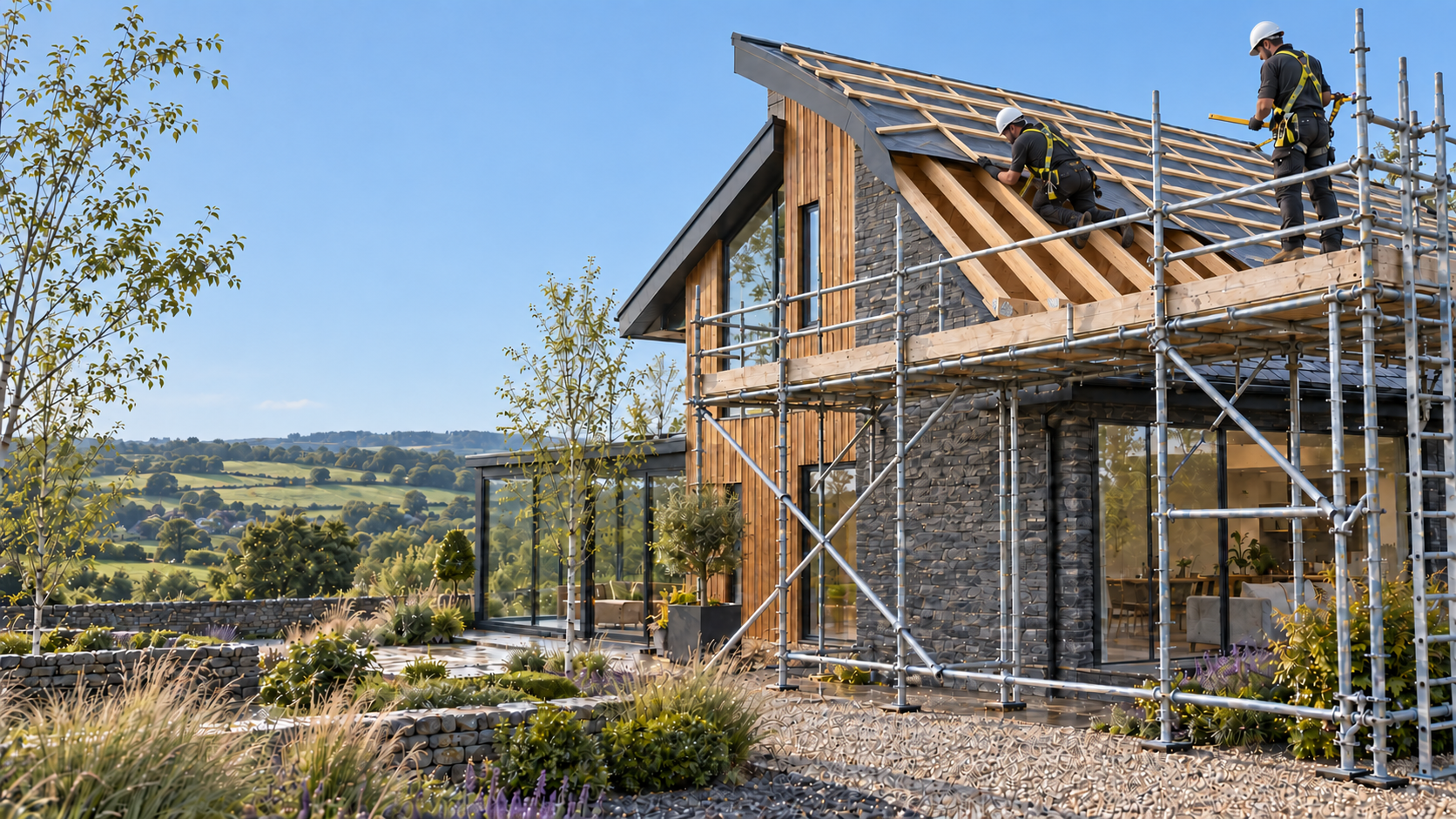 Roofers fitting a new roof on a modern home