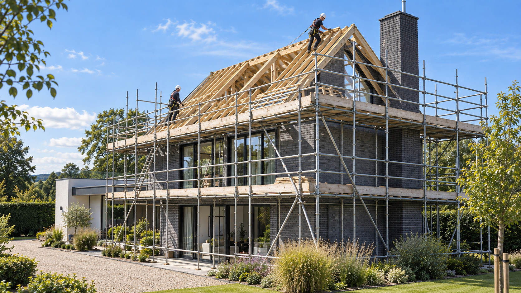 Contemporary home with new timber roof frame and scaffolding